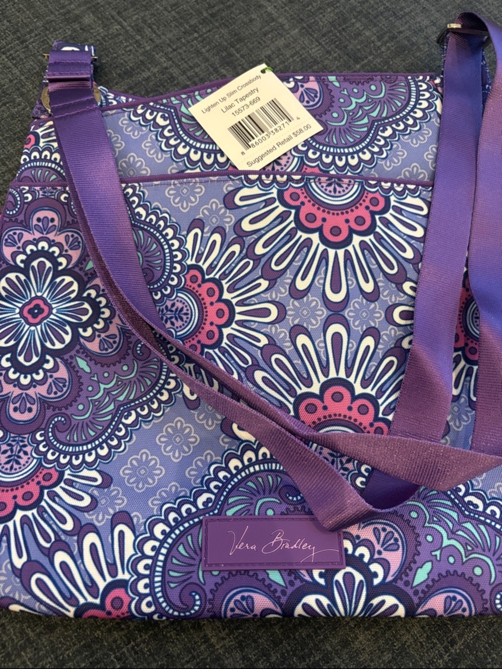 Vera Bradley Lighten Up Slim Crossbody Purse in Lilac Tapestry